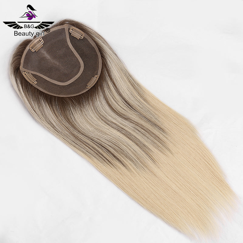 100% Virgin Human Hair Topper Blonde Clip in Hair Pieces Jewish Kosher 6x6.5 Mono Base Toupee for Women