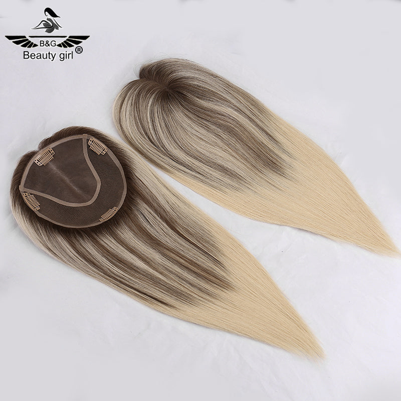 100% Virgin Human Hair Topper Blonde Clip in Hair Pieces Jewish Kosher 6x6.5 Mono Base Toupee for Women
