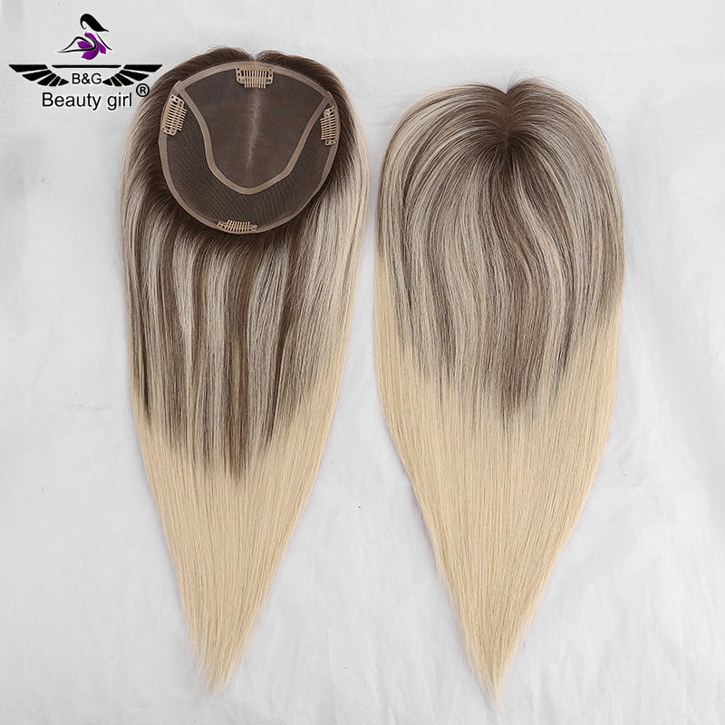 100% Virgin Human Hair Topper Blonde Clip in Hair Pieces Jewish Kosher 6x6.5 Mono Base Toupee for Women
