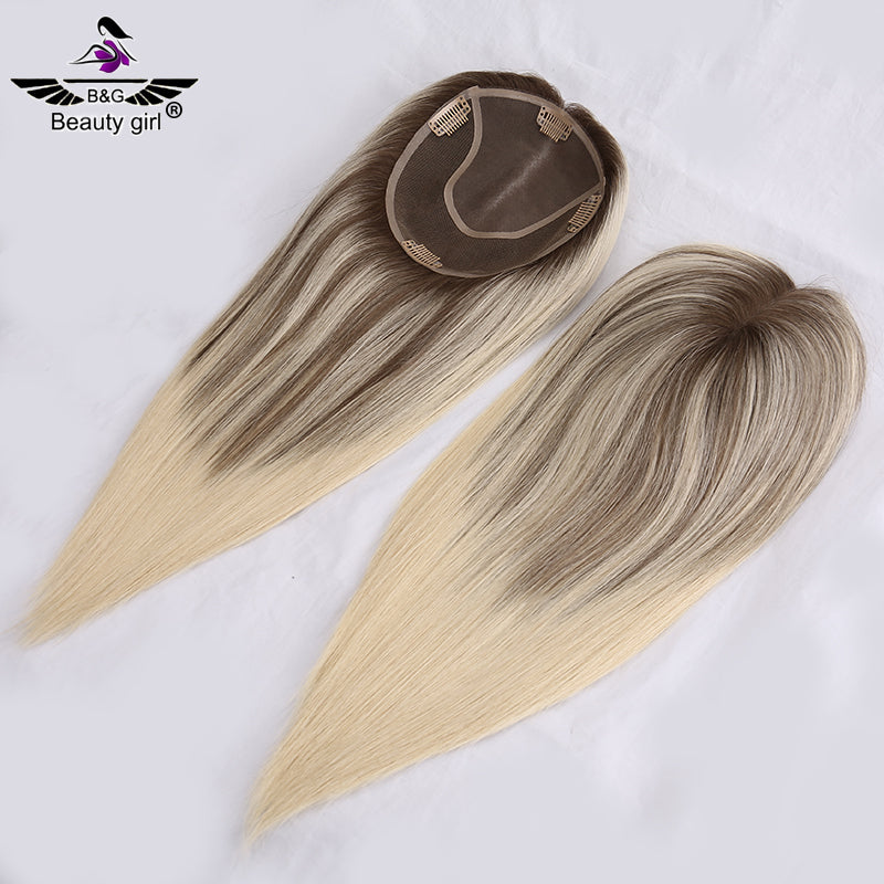 100% Virgin Human Hair Topper Blonde Clip in Hair Pieces Jewish Kosher 6x6.5 Mono Base Toupee for Women
