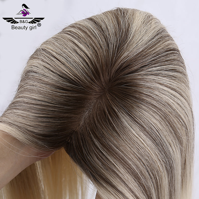100% Virgin Human Hair Topper Blonde Clip in Hair Pieces Jewish Kosher 6x6.5 Mono Base Toupee for Women