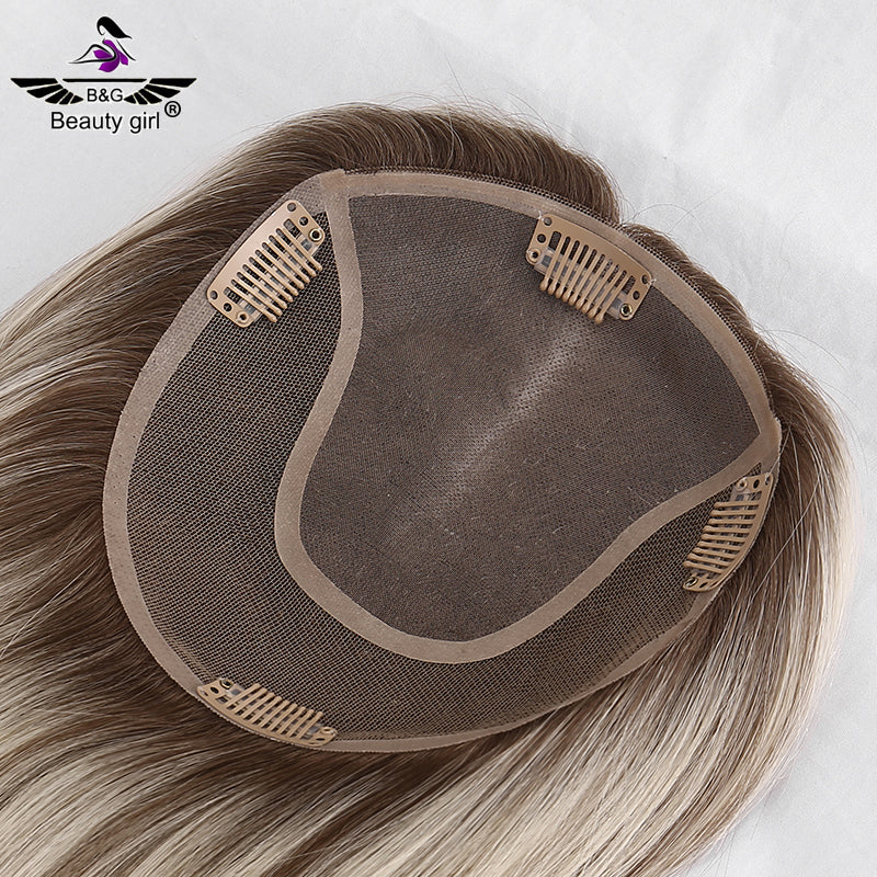 100% Virgin Human Hair Topper Blonde Clip in Hair Pieces Jewish Kosher 6x6.5 Mono Base Toupee for Women