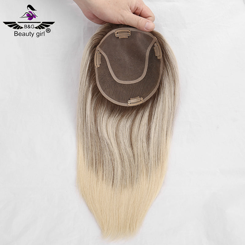 100% Virgin Human Hair Topper Blonde Clip in Hair Pieces Jewish Kosher 6x6.5 Mono Base Toupee for Women