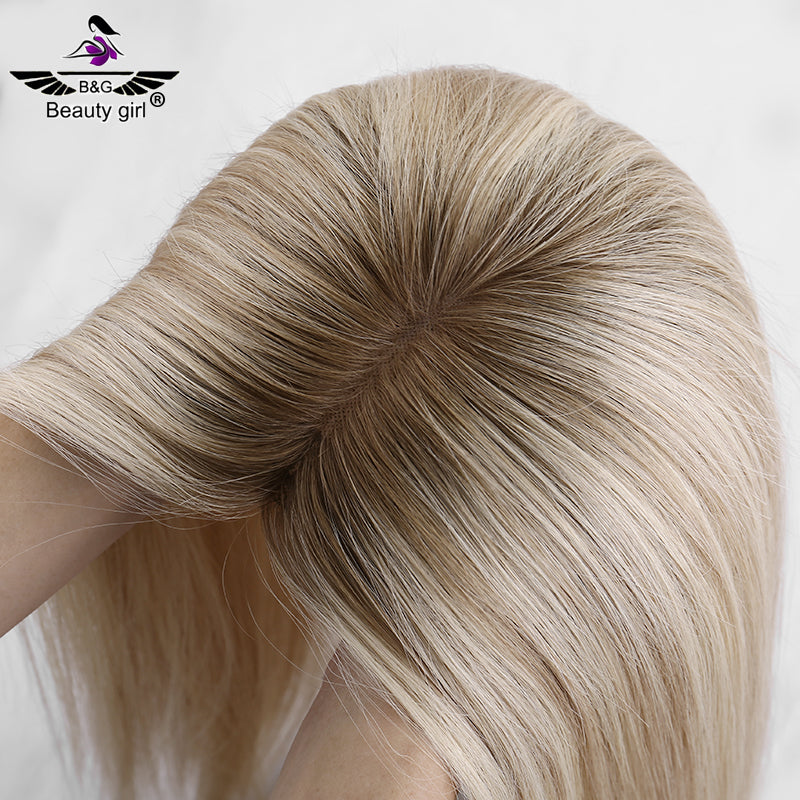 Hot Sale Remy Human Hair Bigger Size 6x6.5 Inch Blonde Highlight Hand Tied Mono Base Topper for Women