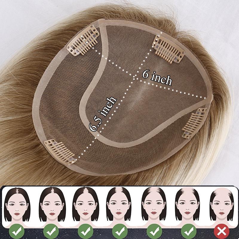 Hot Sale Remy Human Hair Bigger Size 6x6.5 Inch Blonde Highlight Hand Tied Mono Base Topper for Women