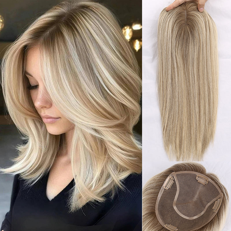 6x.55 Mono Topper European Human Hair Piece Topper Balayage Straight Human Hair Toupee for Women