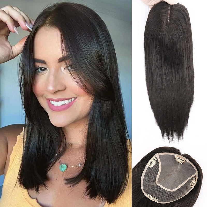 14 inch No Bangs Real Human Hair Topper 130% Density 6x6.5 Inch Mono Base Middle Part Upgrade